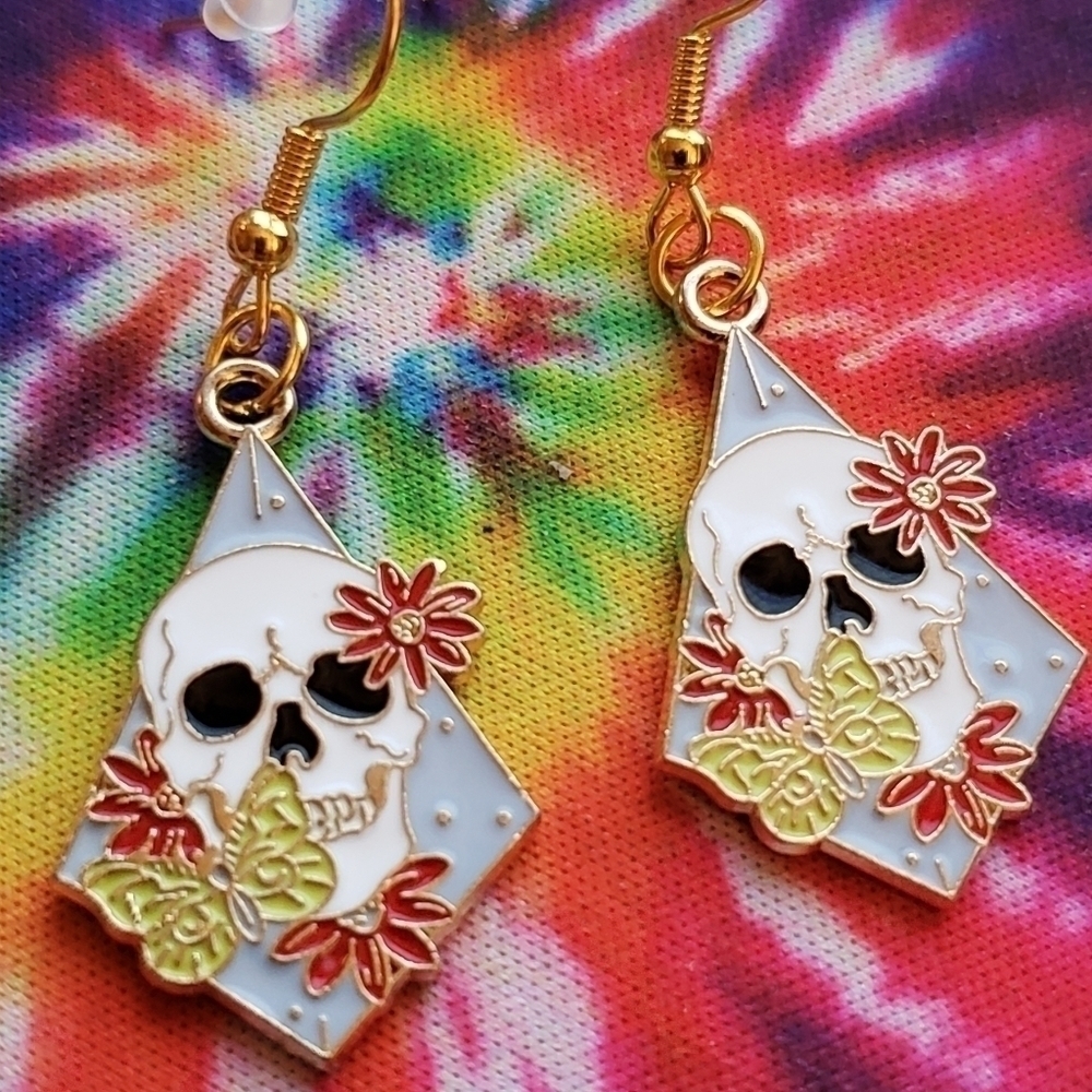 Handmade diamond skull butterfly flower earrings - Picture 2 of 5